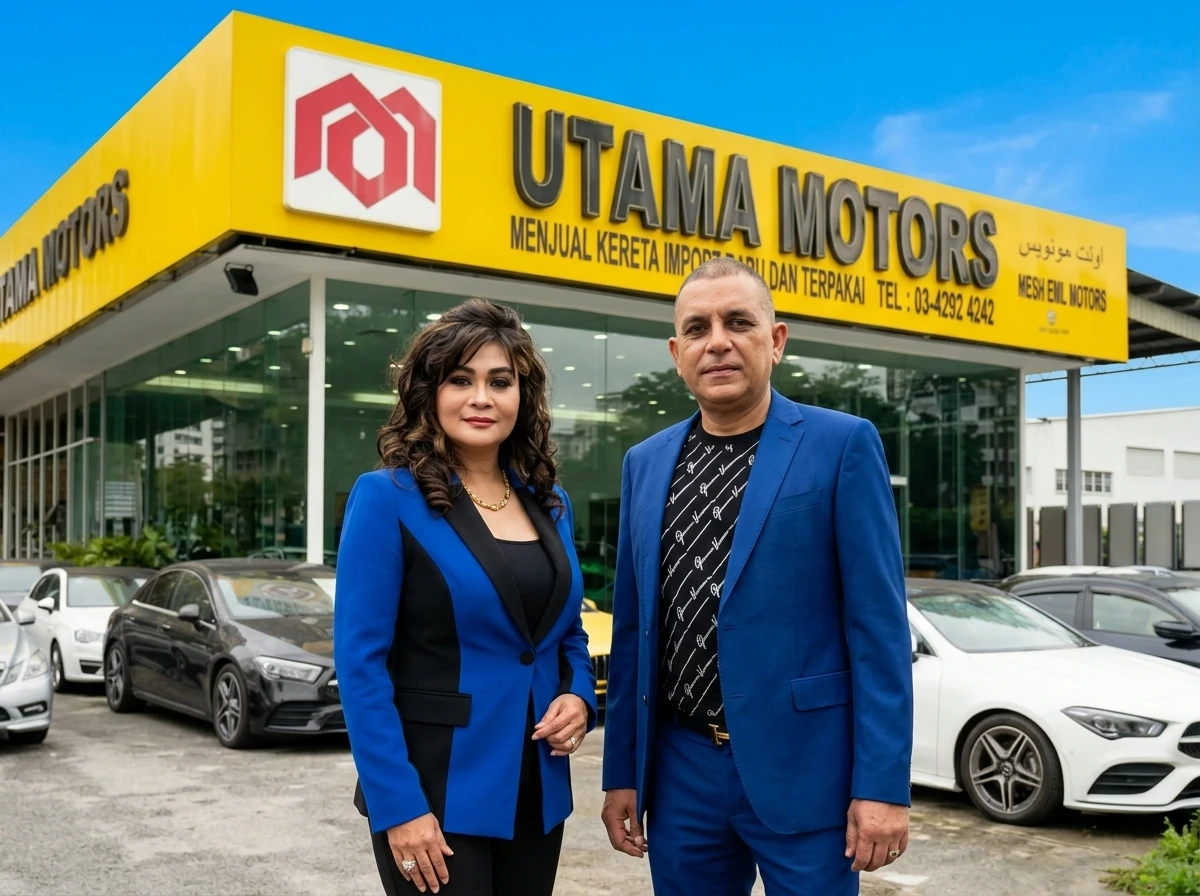 Datin Suzana Kamaruddin and Dato' Marof Khan in front of the Utama Motors showroom